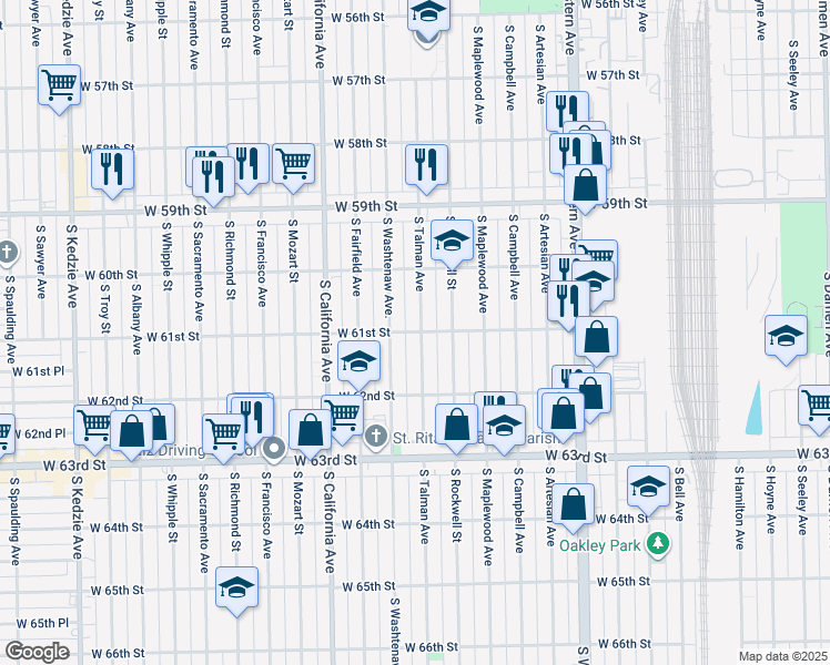 map of restaurants, bars, coffee shops, grocery stores, and more near 6106 South Talman Avenue in Chicago