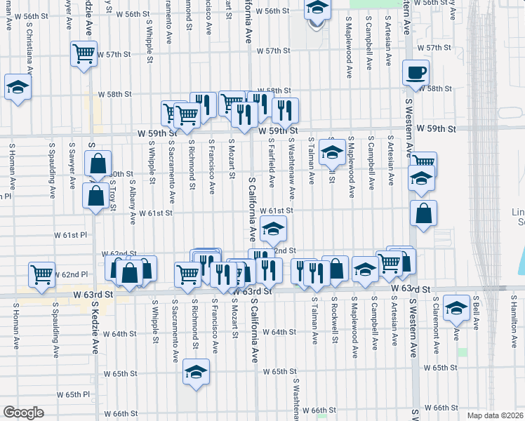 map of restaurants, bars, coffee shops, grocery stores, and more near 6107 South California Avenue in Chicago