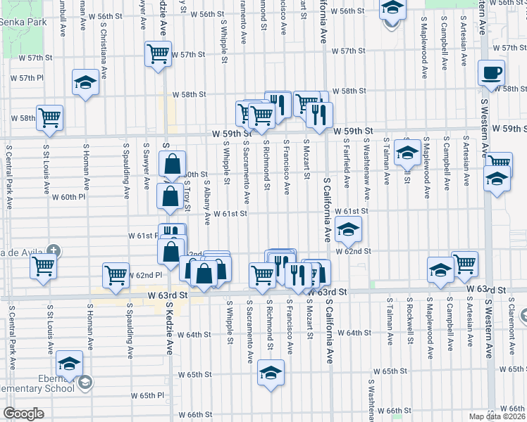 map of restaurants, bars, coffee shops, grocery stores, and more near 6104 South Richmond Street in Chicago