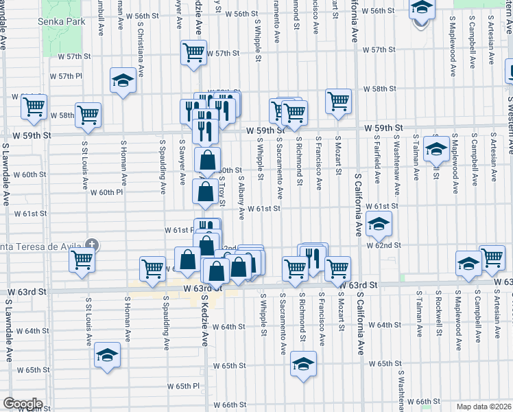 map of restaurants, bars, coffee shops, grocery stores, and more near 6105 South Albany Avenue in Chicago