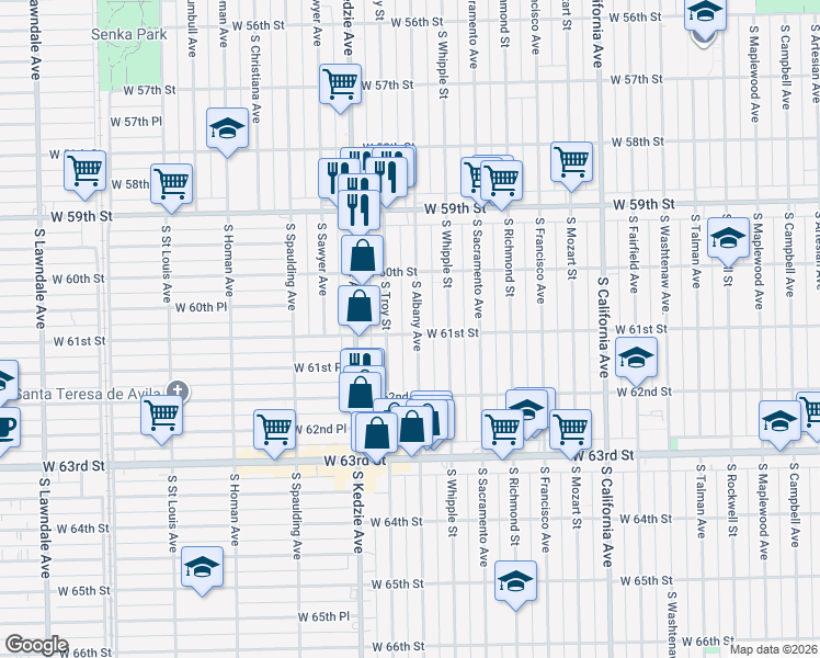 map of restaurants, bars, coffee shops, grocery stores, and more near 6105 South Albany Avenue in Chicago
