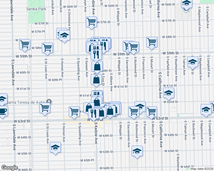 map of restaurants, bars, coffee shops, grocery stores, and more near 6105 South Troy Street in Chicago