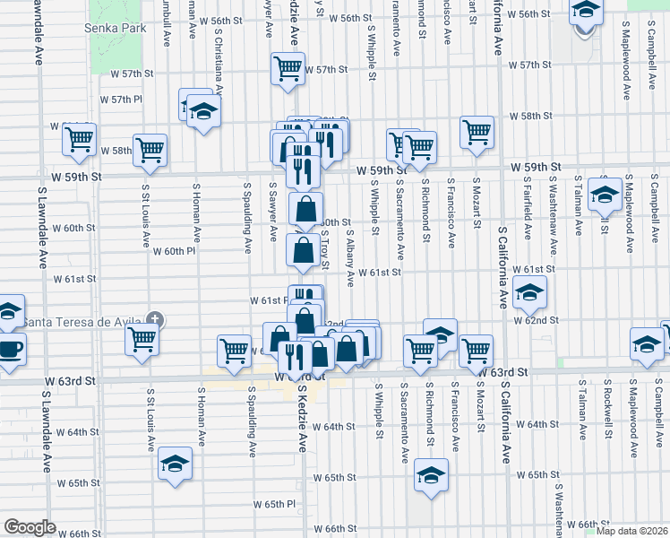 map of restaurants, bars, coffee shops, grocery stores, and more near 6105 South Troy Street in Chicago