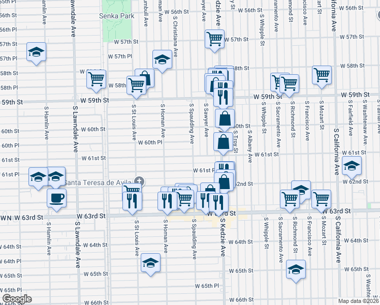 map of restaurants, bars, coffee shops, grocery stores, and more near 3319 West 61st Street in Chicago
