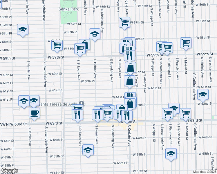 map of restaurants, bars, coffee shops, grocery stores, and more near 3319 West 61st Street in Chicago