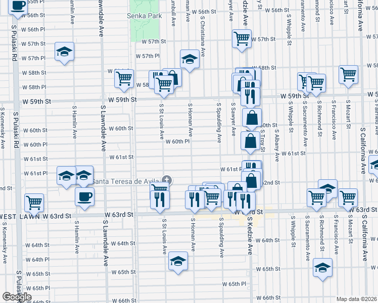 map of restaurants, bars, coffee shops, grocery stores, and more near 3354 West 61st Street in Chicago