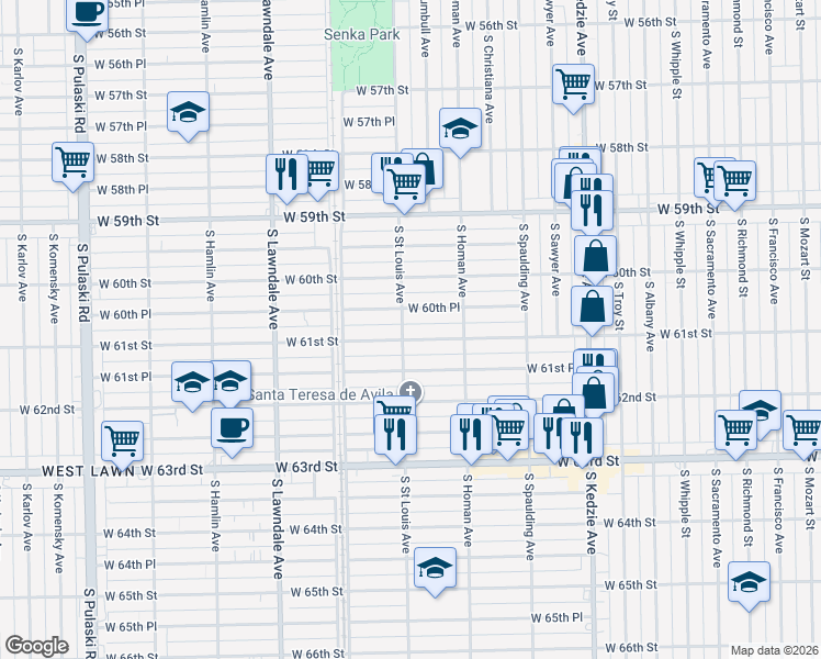 map of restaurants, bars, coffee shops, grocery stores, and more near 3437 West 61st Street in Chicago