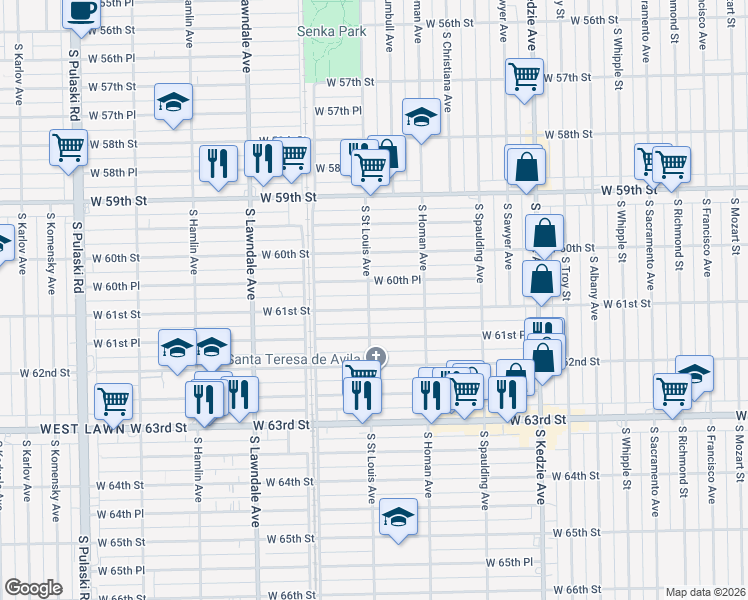 map of restaurants, bars, coffee shops, grocery stores, and more near 3514 West 61st Street in Chicago
