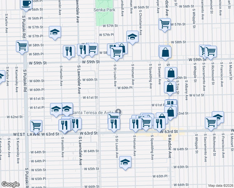 map of restaurants, bars, coffee shops, grocery stores, and more near 3514 West 61st Street in Chicago