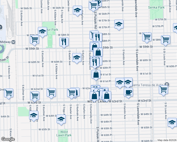 map of restaurants, bars, coffee shops, grocery stores, and more near 6054 South Komensky Avenue in Chicago