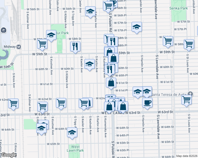 map of restaurants, bars, coffee shops, grocery stores, and more near 6054 South Komensky Avenue in Chicago
