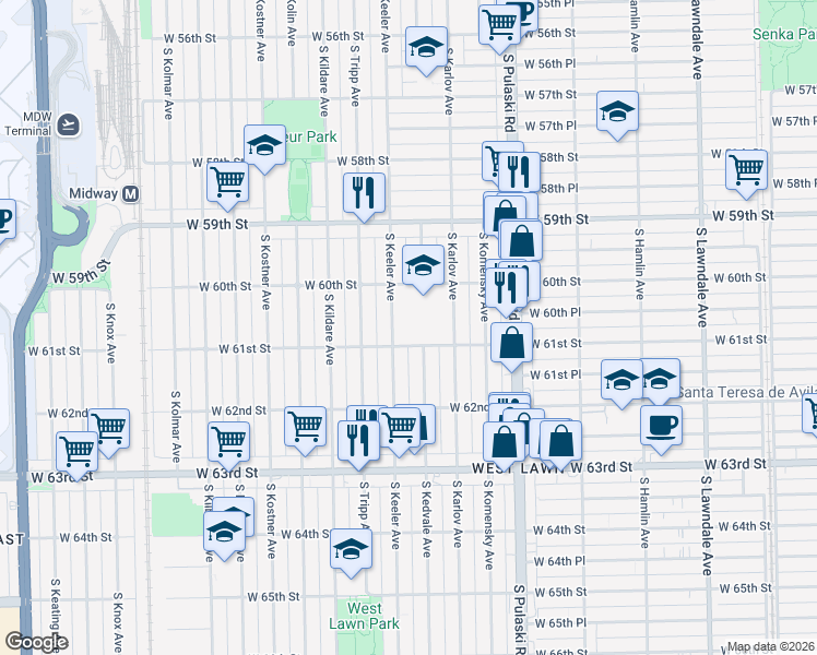 map of restaurants, bars, coffee shops, grocery stores, and more near 6054 South Keeler Avenue in Chicago