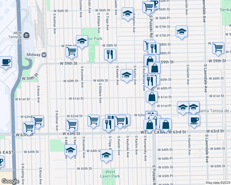 map of restaurants, bars, coffee shops, grocery stores, and more near 6054 South Keeler Avenue in Chicago
