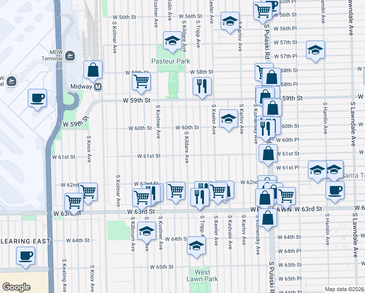 map of restaurants, bars, coffee shops, grocery stores, and more near 6052 South Kildare Avenue in Chicago