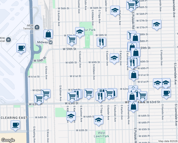 map of restaurants, bars, coffee shops, grocery stores, and more near 6052 South Kildare Avenue in Chicago