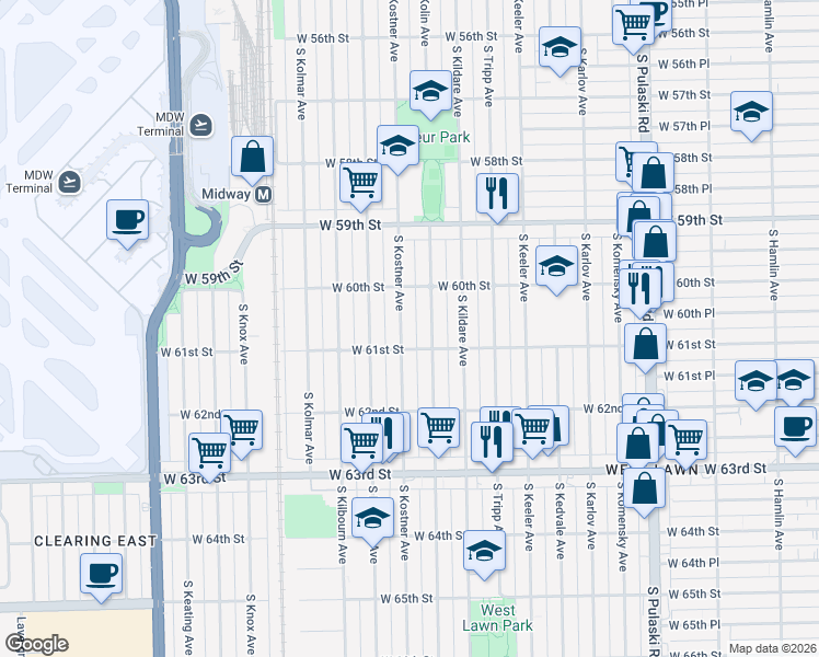 map of restaurants, bars, coffee shops, grocery stores, and more near 6047 South Kostner Avenue in Chicago