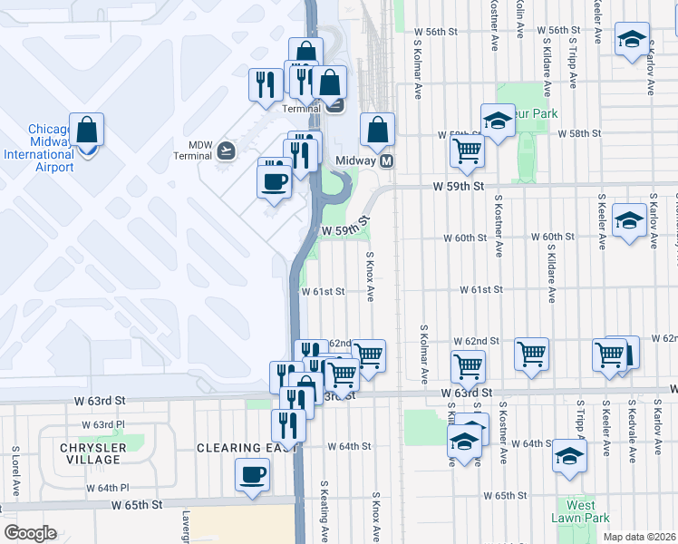 map of restaurants, bars, coffee shops, grocery stores, and more near 6051 South Keating Avenue in Chicago