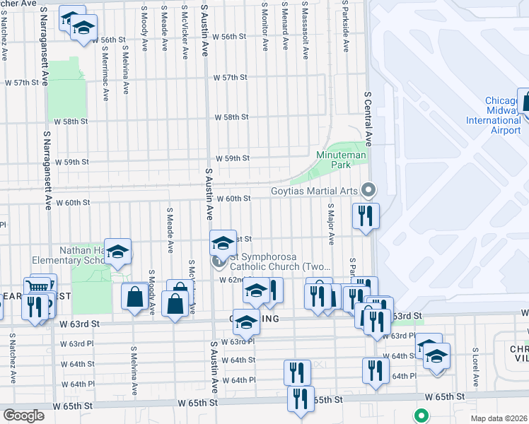 map of restaurants, bars, coffee shops, grocery stores, and more near 6031 South Monitor Avenue in Chicago