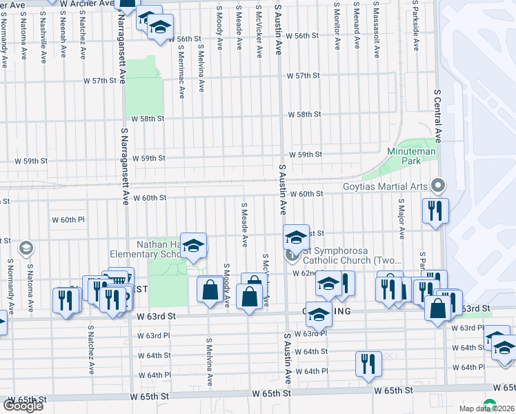 map of restaurants, bars, coffee shops, grocery stores, and more near 6027 South Meade Avenue in Chicago