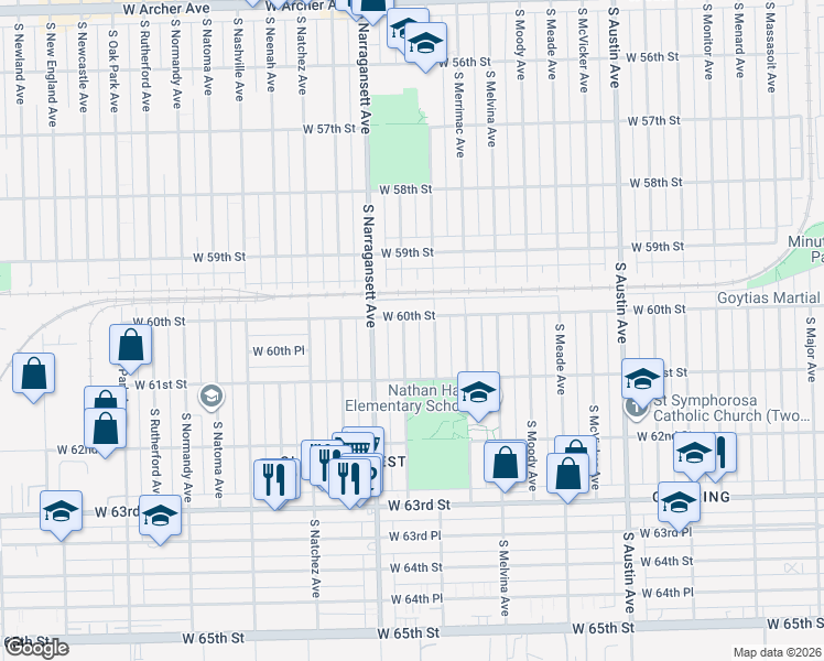 map of restaurants, bars, coffee shops, grocery stores, and more near 6023 South Mulligan Avenue in Chicago
