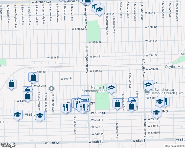 map of restaurants, bars, coffee shops, grocery stores, and more near 6023 South Mulligan Avenue in Chicago