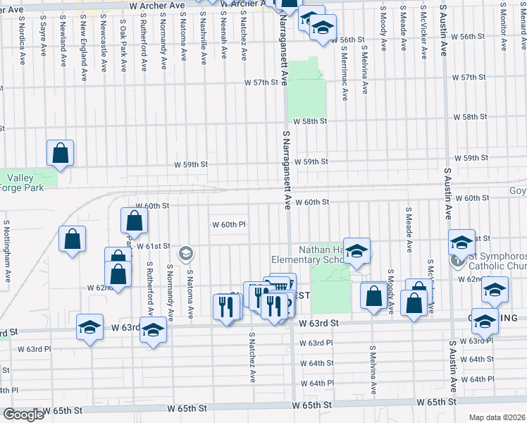 map of restaurants, bars, coffee shops, grocery stores, and more near 6020 South Nagle Avenue in Chicago