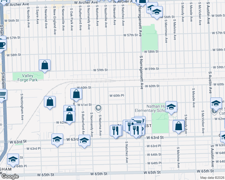 map of restaurants, bars, coffee shops, grocery stores, and more near 6554 West 60th Place in Chicago