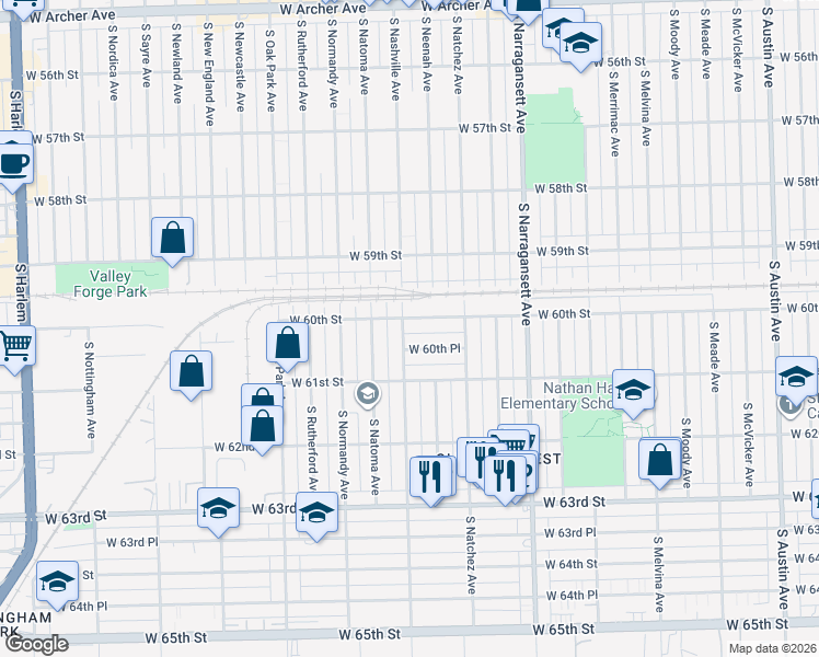 map of restaurants, bars, coffee shops, grocery stores, and more near 6554 West 60th Place in Chicago