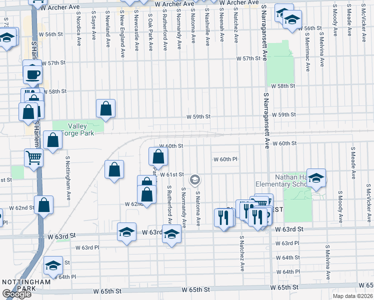 map of restaurants, bars, coffee shops, grocery stores, and more near 6018 South Normandy Avenue in Chicago
