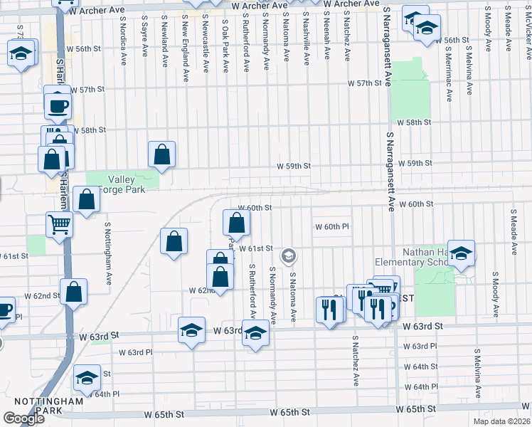 map of restaurants, bars, coffee shops, grocery stores, and more near 6018 South Normandy Avenue in Chicago