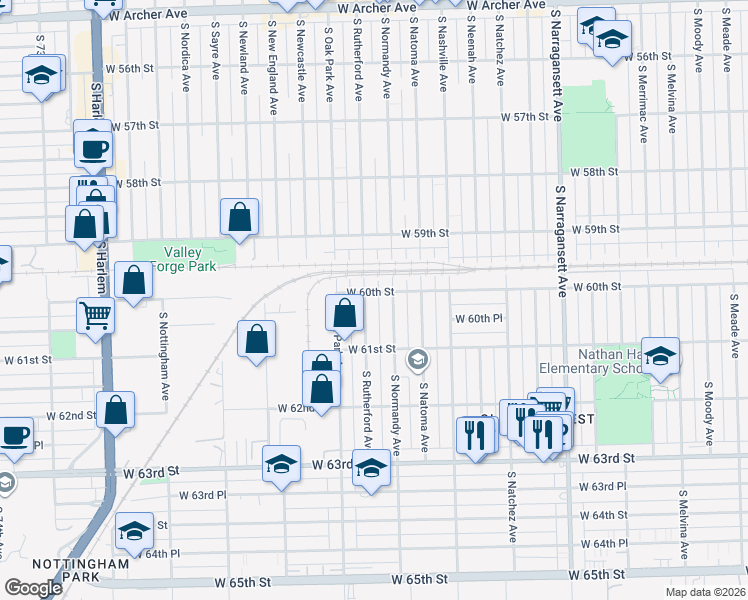 map of restaurants, bars, coffee shops, grocery stores, and more near 6018 South Normandy Avenue in Chicago