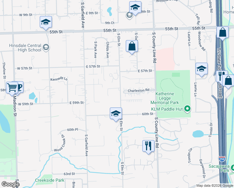 map of restaurants, bars, coffee shops, grocery stores, and more near 228 Meadowbrook Lane in Hinsdale