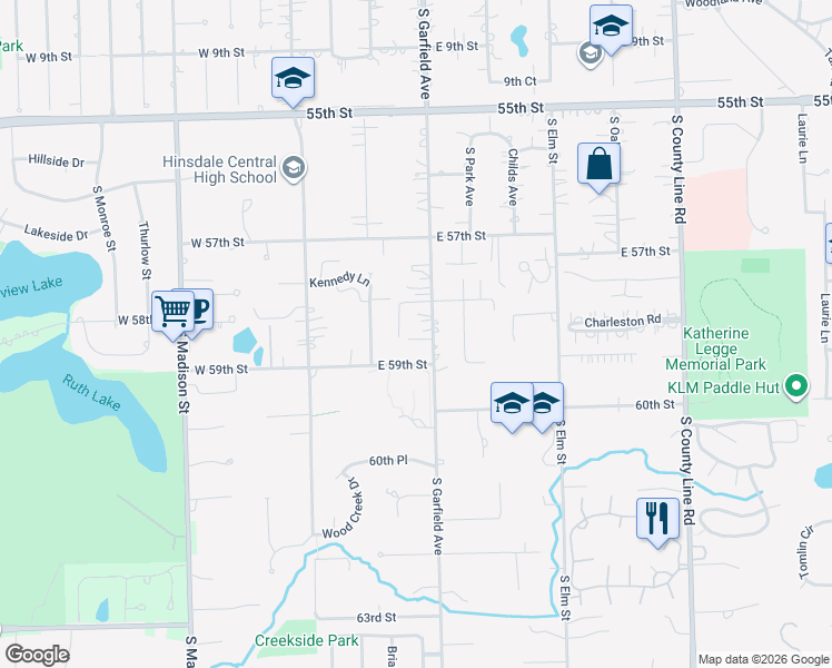 map of restaurants, bars, coffee shops, grocery stores, and more near 5846 South Garfield Street in Hinsdale