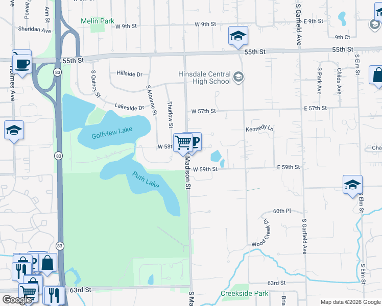 map of restaurants, bars, coffee shops, grocery stores, and more near 5819 South Madison Street in Hinsdale