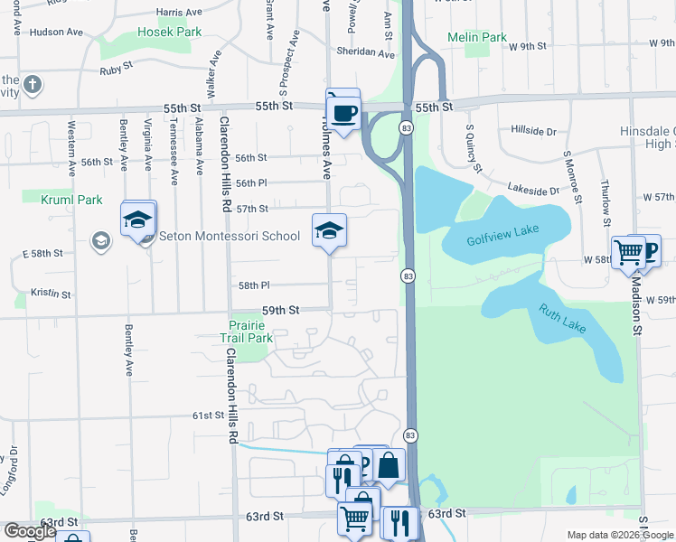 map of restaurants, bars, coffee shops, grocery stores, and more near 101 58th Place in Clarendon Hills