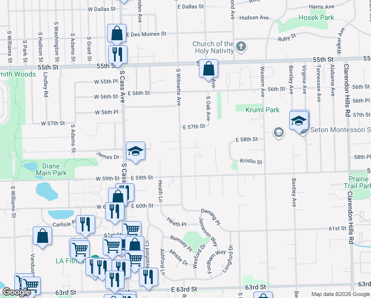 map of restaurants, bars, coffee shops, grocery stores, and more near 712 Megan Court in Westmont