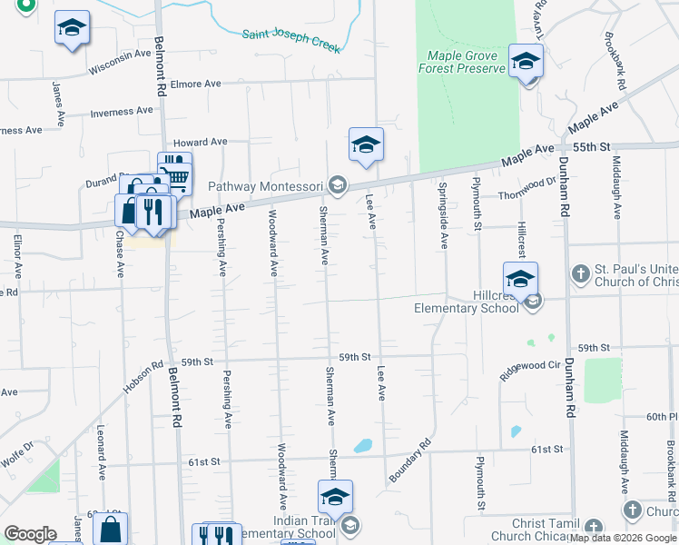 map of restaurants, bars, coffee shops, grocery stores, and more near 5725 Sherman Avenue in Downers Grove
