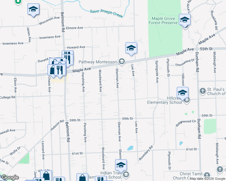 map of restaurants, bars, coffee shops, grocery stores, and more near 5730 Sherman Avenue in Downers Grove
