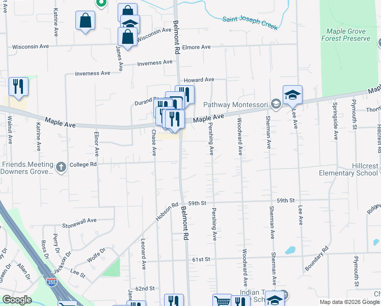 map of restaurants, bars, coffee shops, grocery stores, and more near 5709 Belmont Road in Downers Grove
