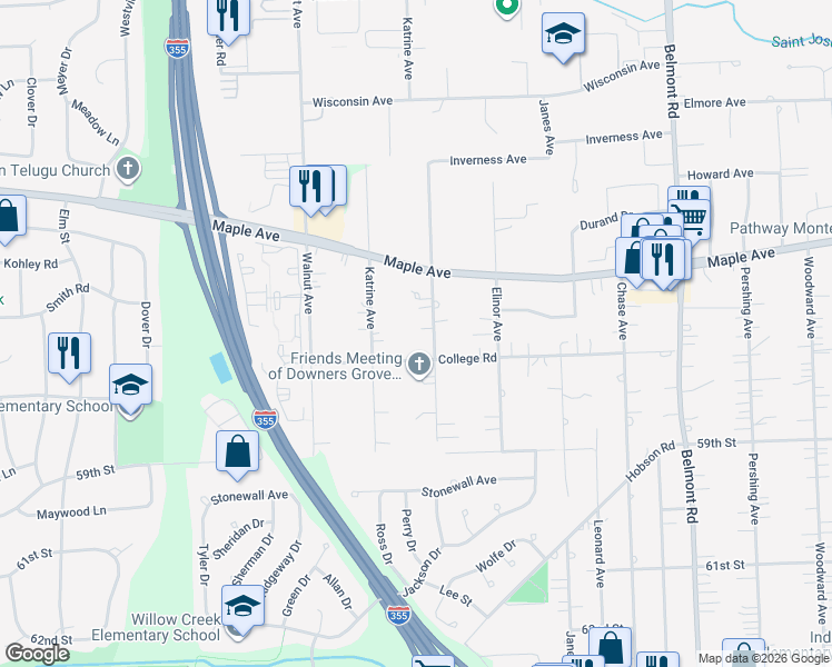 map of restaurants, bars, coffee shops, grocery stores, and more near 5630 Lomond Avenue in Downers Grove