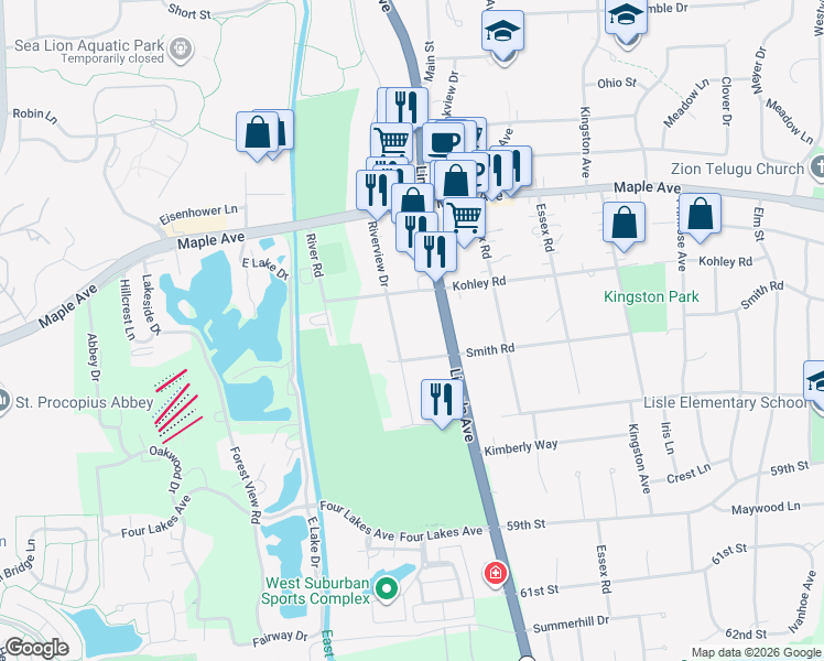 map of restaurants, bars, coffee shops, grocery stores, and more near 5618 Main Street in Downers Grove