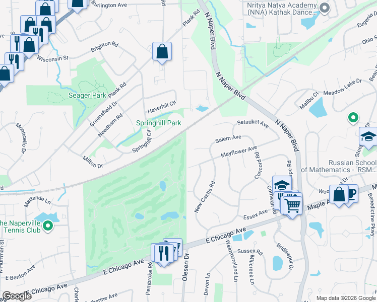 map of restaurants, bars, coffee shops, grocery stores, and more near 25W361 Westove Court in Naperville