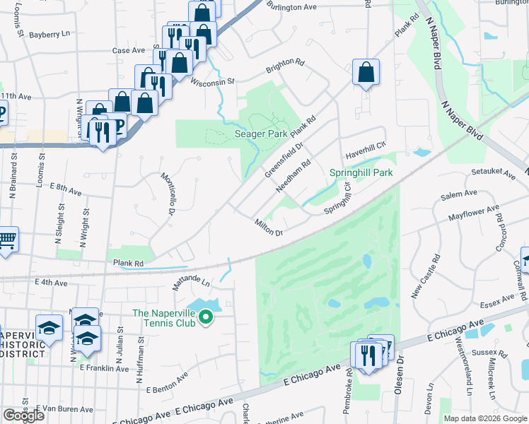 map of restaurants, bars, coffee shops, grocery stores, and more near 590 Milton Drive in Naperville