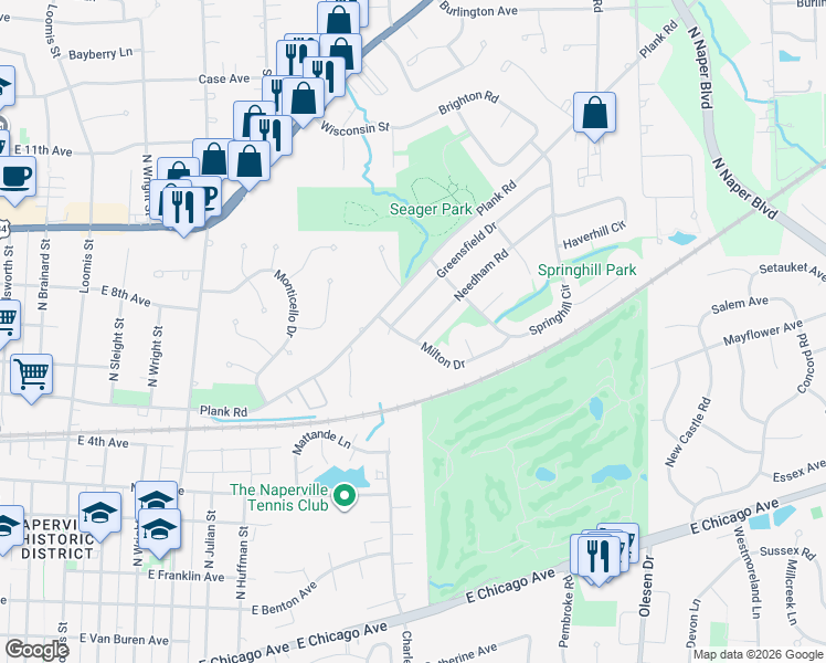 map of restaurants, bars, coffee shops, grocery stores, and more near 590 Milton Drive in Naperville