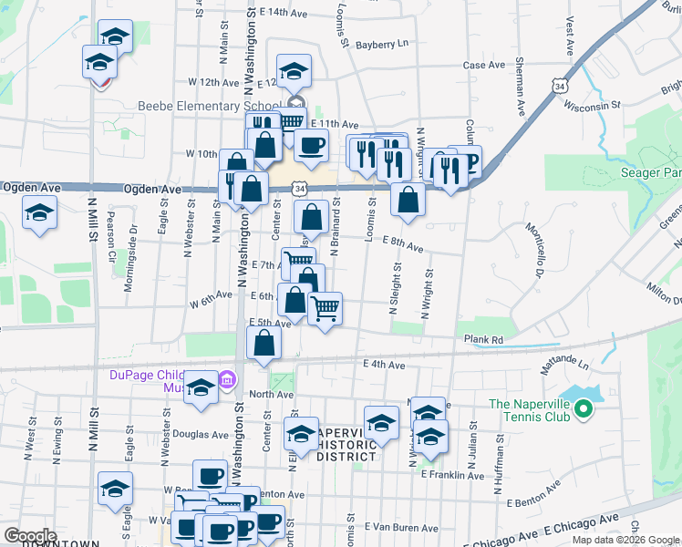 map of restaurants, bars, coffee shops, grocery stores, and more near 624 North Brainard Street in Naperville
