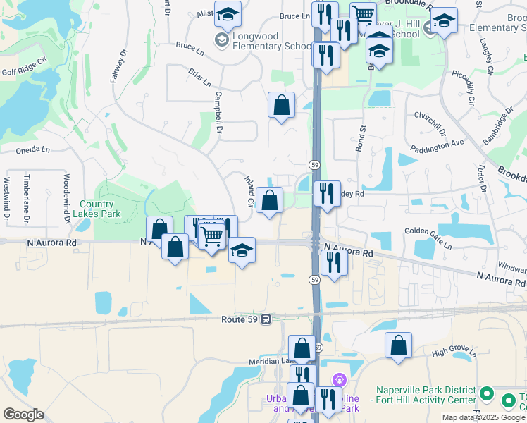 map of restaurants, bars, coffee shops, grocery stores, and more near 740 Inland Circle in Naperville