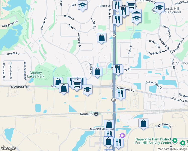 map of restaurants, bars, coffee shops, grocery stores, and more near 740 Inland Circle in Naperville