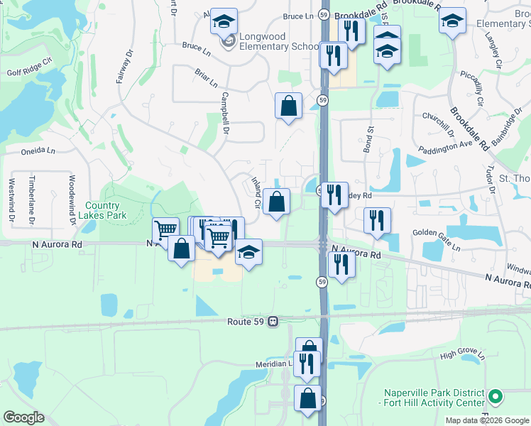 map of restaurants, bars, coffee shops, grocery stores, and more near 740 Inland Circle in Naperville