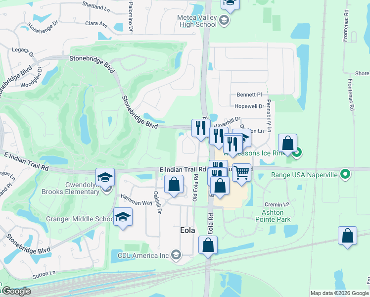 map of restaurants, bars, coffee shops, grocery stores, and more near 1227 Townes Circle in Aurora