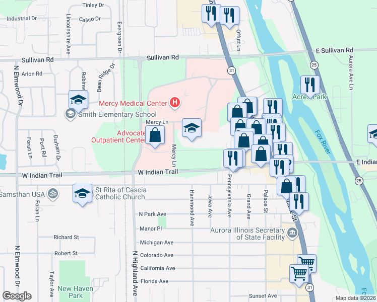 map of restaurants, bars, coffee shops, grocery stores, and more near 309 West New Indian Trail Court in Aurora